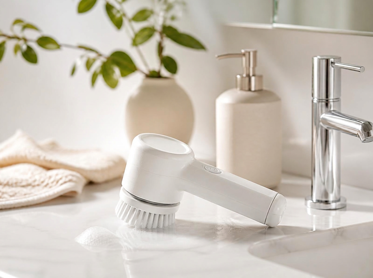 Cordless electric spin scrubber on a bright marble bathroom counter